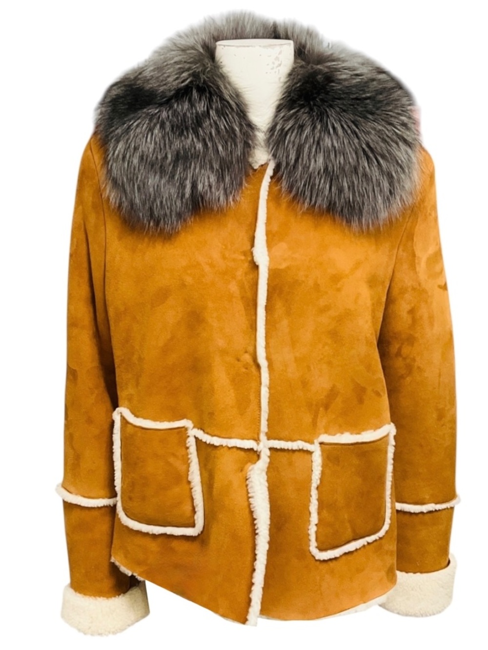 ELEVENTY COGNAC SHEARLING LINED SUEDE JACKET WITH FOX FUR COLLAR